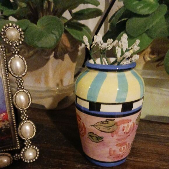 WCL Flower Bud Vase Colorful ROSE Pattern Whimsical  Flowers Striped CIRCUS Vntg - Picture 2 of 14